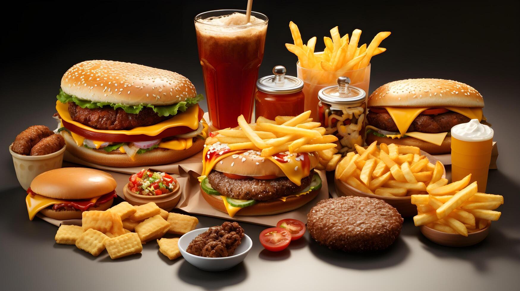 fast food and drinks on a table with a hamburger fries chicken and soda ai generated free photo